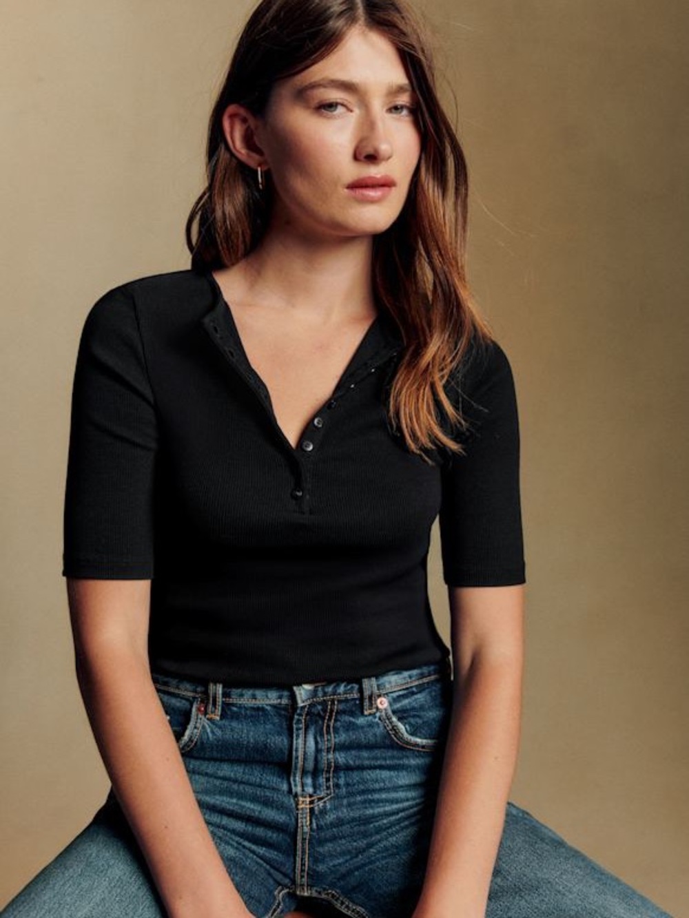 Sezane Theodora Ribbed Black Womens Henley Size XS